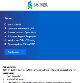 Exciting Career Opportunity: Join Standard Chartered as a Teller in Kathmandu!