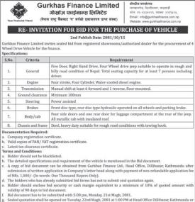 Re-Invitation for bids for the purchase of Vehicle
