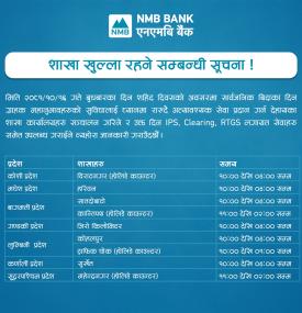 शाखा खुल्ला रहने सम्बन्धी  एनएमबि बैंककाे सूचना -