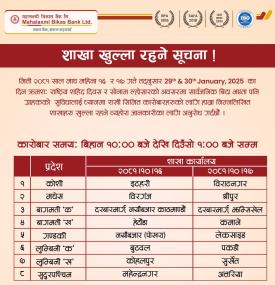 महालक्ष्मी विकास बैंकको शाखा खुल्ला रहने बारे सूचना