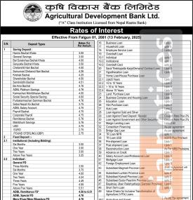 कृषि विकास बैंकको नयाँ ब्याजदर सार्वजनिक, कुन कुन खातामा कति ? - Interest Rates -
