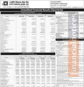 Jyoti Bikash Bank has posted a net profit of Rs 306.61 million and published its 3rd quarter
