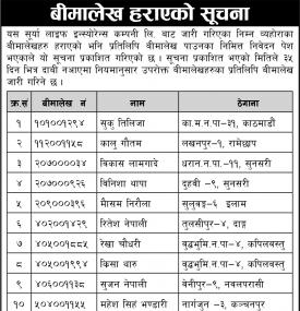 बीमालेख हारएको सूचना