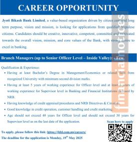 Jyoti Bikash Bank Calls for Applications for Branch Manager Positions