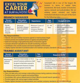 SuryaJyoti Life Announces Job Vacancies for Branch Managers and Trainee Assistants
