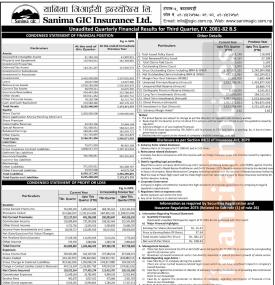 सानिमा जीआइसी इन्सुरेन्सलेले चालु आर्थिक वर्षको तेस्रो त्रैमासमा खुद नाफा २३ करोड ३५ लाख रुपैयाँ