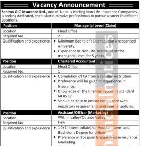 Sanima GIC Insurance Announces Job Openings Across Multiple Positions