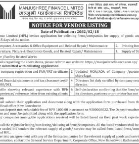 Notice for Vendor Listing