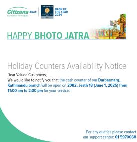 Holiday counters availability notice for Bhoto Jatra Day