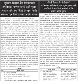 ऋणीहरुलाई कर्जा चुक्ता भुक्तान गर्ने तथा धितो लिलाम बिक्री सम्बन्धी ७ र १५ दिने सूचना