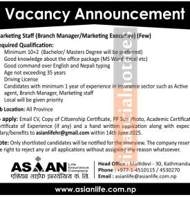 Asian Life Insurance Company Opens Vacancies in Multiple Provinces