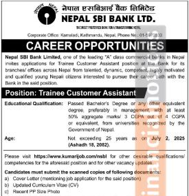 Nepal SBI Bank Announces Vacancy for Trainee Customer Assistant Position