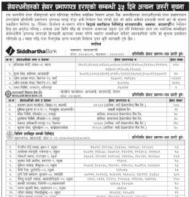 शेयरधनीहरुको शेयर प्रमाणपत्र हराएको सम्बन्धी सूचना