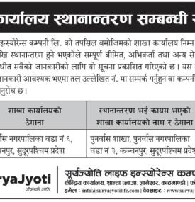 सूर्यज्योति लाइफ इन्स्योरेन्को शाखा कार्यालय स्थानान्तरण सम्बन्धी सूचना