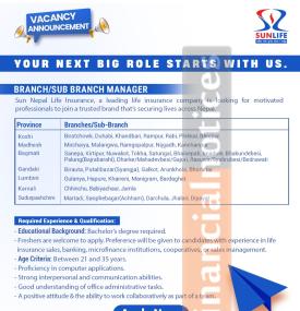 Sun Nepal Life Insurance Announces Nationwide Vacancies for Branch/Sub-Branch Managers