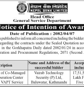 Notice of Intention of Award