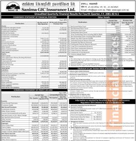 सानिमा जीआइसी इन्सुरेन्सलेले चालु आर्थिक वर्षको चौथो त्रैमासमा खुद नाफा ३५ करोड ०३ लाख रुपैयाँ