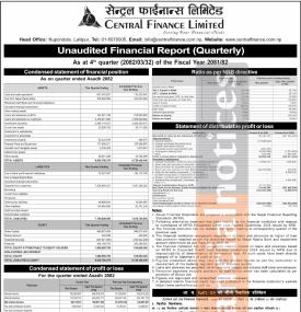 Central Finance has posted a net profit of Rs 89.14 million and published its Q4