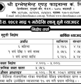 श्री इन्भेष्टमेण्ट एण्ड फाइनान्सको ब्याजदर परिवर्तनको सूचना