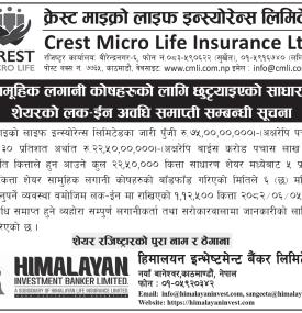 क्रेस्ट माइक्रो लाइफ इन्स्योरेन्सको लगानी कोषको शेयर लक-इन अवधि समाप्त भएको सूचना