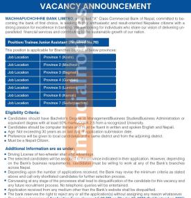 Machhapuchchhre Bank Announces 70 Vacancies for Trainee Junior Assistants Across Nepal -