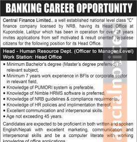Central Finance Limited Calls for Applications for Head of Human Resource Department