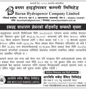 बरुण हाइड्रोपावरको हकप्रद शेयर बाँडफाँड सम्बन्धी सूचना