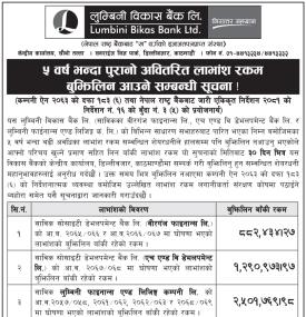 ५ वर्ष भन्दा पुरानो अवितरित लाभांस बुझिलिन आउने सम्बन्धी सूचना