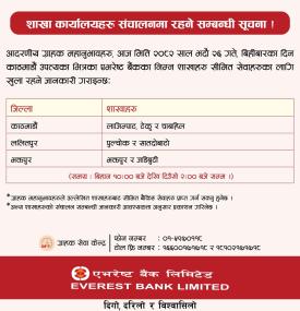 एभरेष्ट बैंकको शाखा कार्यालयहरु संचालनमा रहने सम्बन्धी सूचना