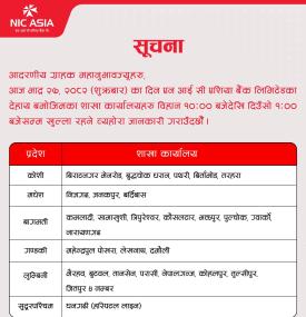 NIC Asia बैंकका ग्राहकहरुलाई बैंकिङ  कारोबार सम्बन्धमा नयाँ  सूचना