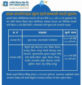शाखा कार्यालयहरू खुला रहने सम्बन्धी ज्योति विकास बैंकको जरुरी सूचना