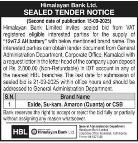 Sealed Tender Notice -