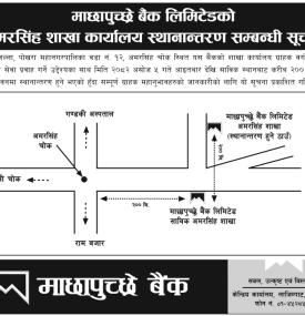 माछापुच्छ्रे बैंकको शाखा कार्यालय स्थानान्तरण सम्बन्धी सूचना