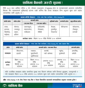 सानीमा बैंकको शाखा संचालन सम्बन्धमा सूचना जारी