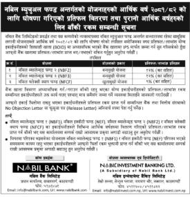 नबिल म्युचुवल फन्डको प्रतिफल वितरण र लिन बॅाकि रकम सम्बन्धी सूचना