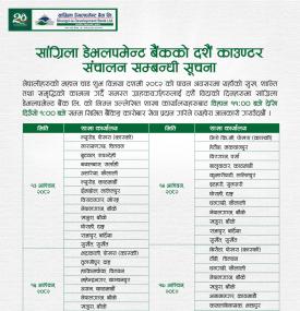 सांग्रिला डेभलपमेन्ट बैंकको दशैं काउण्टर संचालन सम्बन्धी सूचना -