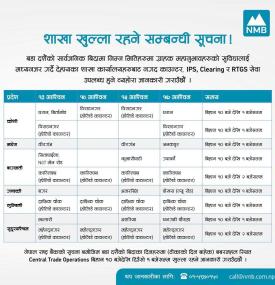 शाखा कार्यालय खुल्ला रहने सम्बन्धी एनएमबी बैंकको सूचना -