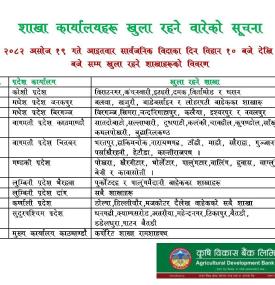 सार्वजनिक बिदाको दिन कृषि विकास बैंकका शाखा खुल्ला रहने सम्बन्धी सूचना 
