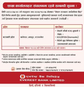 असोज २० गते सोमबारका दिन एभरेष्ट बैंकको शाखा कार्यालयहरु संचालनमा रहने सम्बन्धी सूचना