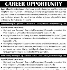 Jyoti Bikash Bank Announces Vacancies for Branch and Relationship Managers