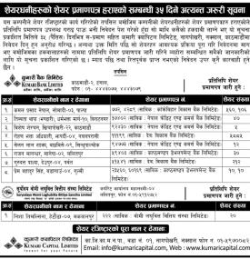 शेयर प्रमाणपत्र हराएको सम्बन्धी ३५ दिने जरुरी सूचना -