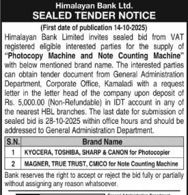 Sealed Tender Notice -