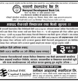 नारायणी डेभलपमेन्ट बैंकको हकप्रद शेयरमा आवेदन दिन ३ दिन मात्र बाँकी सम्बन्धी सूचना