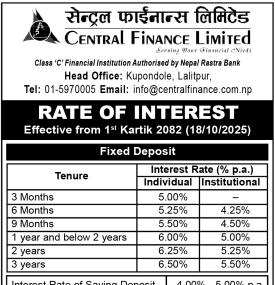 सेन्ट्रल फाइनान्सको कार्तिकदेखि नयाँ ब्याजदर लागू – कुन खातामा कति पाइन्छ ब्याजदर ?