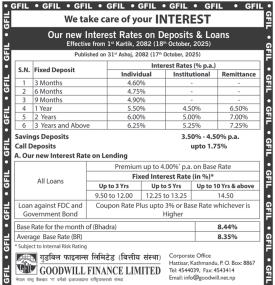 गुडविल फाइनान्सको कार्तिकदेखि नयाँ ब्याजदर लागू – कुन खातामा कति पाइन्छ ब्याजदर ?