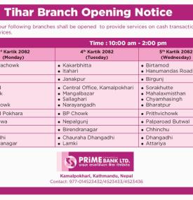 Prime Bank Publishes Tihar Branch Opening Hours Notice -