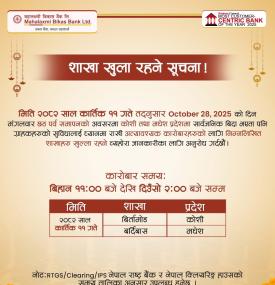 शाखा खुली रहने सम्बन्धी महालक्ष्मी विकास बैंकको सूचना -