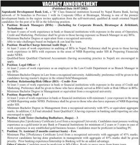 Vacancy Announcement at Saptakoshi Development Bank -