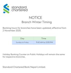 Standard Chartered Bank Announces New Winter Branch Hours