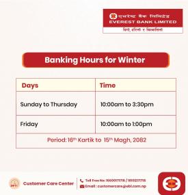 Everest Bank Announces Revised Winter Banking Hours Across All Branches -